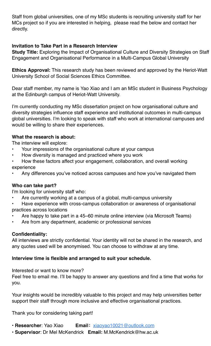 Mel McKendrick (@drmelmckendrick) on Twitter photo Staff from global universities, one of my MSc students is recruiting university staff for her MCs project so if you are interested in helping, please read the below and contact her directly. #psychology <a href="/HWPsych/">Psychology at Heriot-Watt</a>
Best wishes
Mel Staff from global universities, one of my MSc students is recruiting university staff for her MCs project so if you are interested in helping, please read the below and contact her directly. #psychology <a href="/HWPsych/">Psychology at Heriot-Watt</a>
Best wishes
Mel