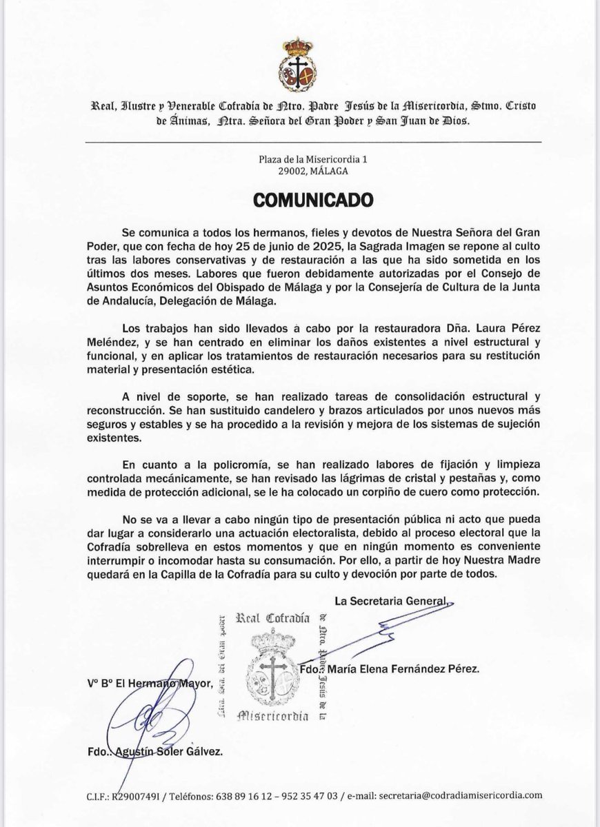 // COMUNICADO OFICIAL//

Ya se encuentra bajo el cobijo de su Capilla, Nuestra Señora del Gran Poder, tras los trabajos de mantenimiento, en el taller de @lauraperezmelendez de la capital hispalense. 

#CofradiasMLG