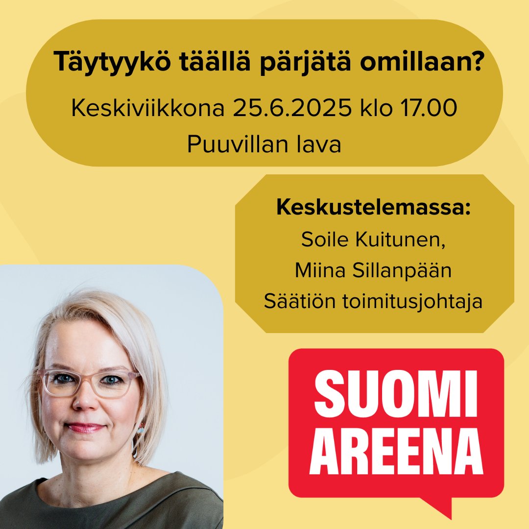 Miten voidaan lisätä osallisuuden kokemuksia? Tiiviimpi vuorovaikutus eri sukupolvien välillä voisi olla yksi ratkaisu lisääntyvään yksinäisyyteen. Auttavaiset ihmiset ovat onnellisimpia. Näin pohjusti <a href="/MSillanpaan_sr/">MiinaSillanpääSäätiö</a>  tj <a href="/KuitunenSoile/">Soile Kuitunen</a>  avauspuheenvuorossaan. #suomiareena