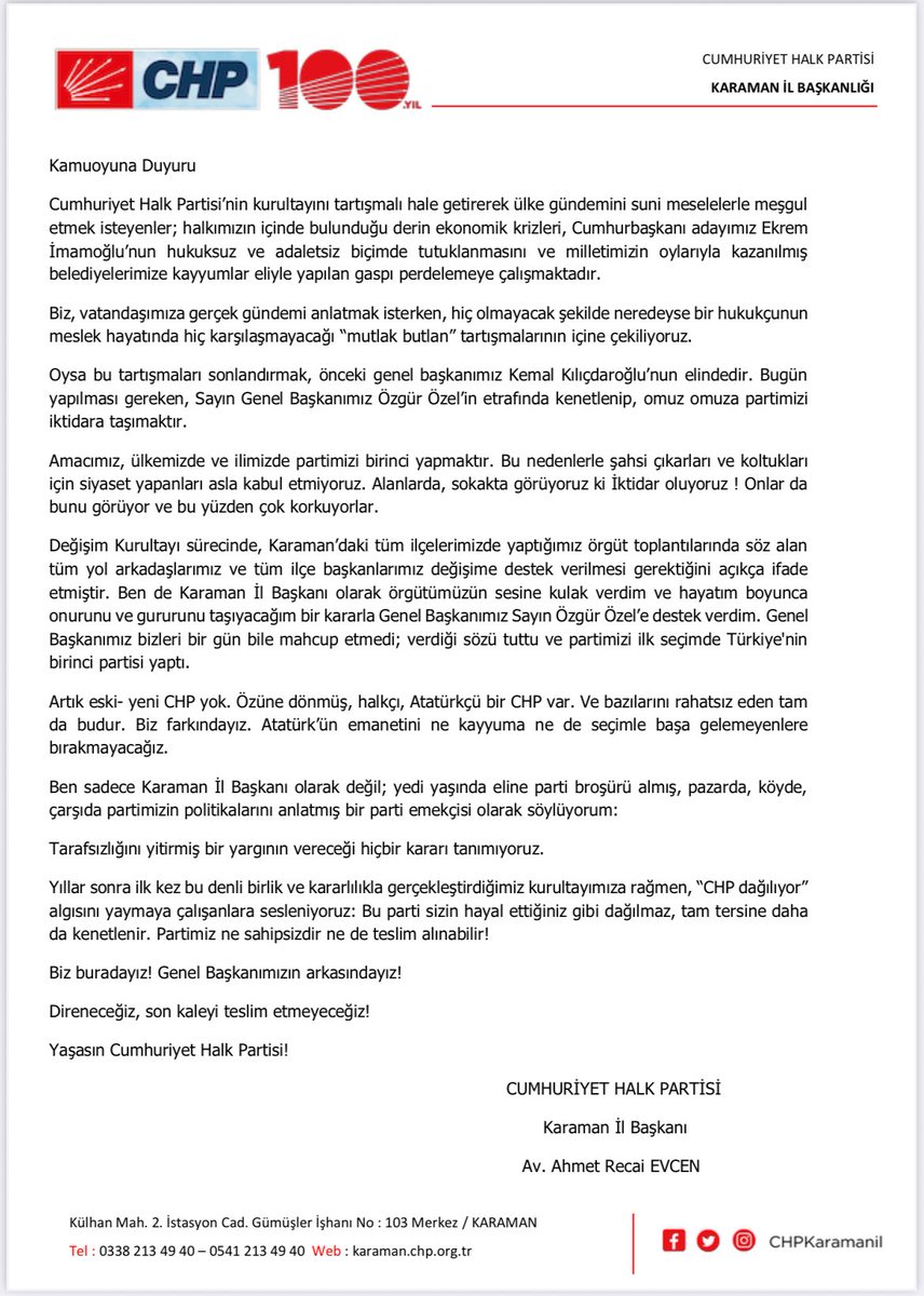 Cumhuriyet Halk Partisi örgütü olarak Genel Başkanımızın arkasındayız.
Direneceğiz, son kaleyi teslim etmeyeceğiz !
Yaşasın Cumhuriyet Halk Partisi..
<a href="/eczozgurozel/">Özgür Özel</a> 
<a href="/herkesicinCHP/">CHP 🇹🇷</a>