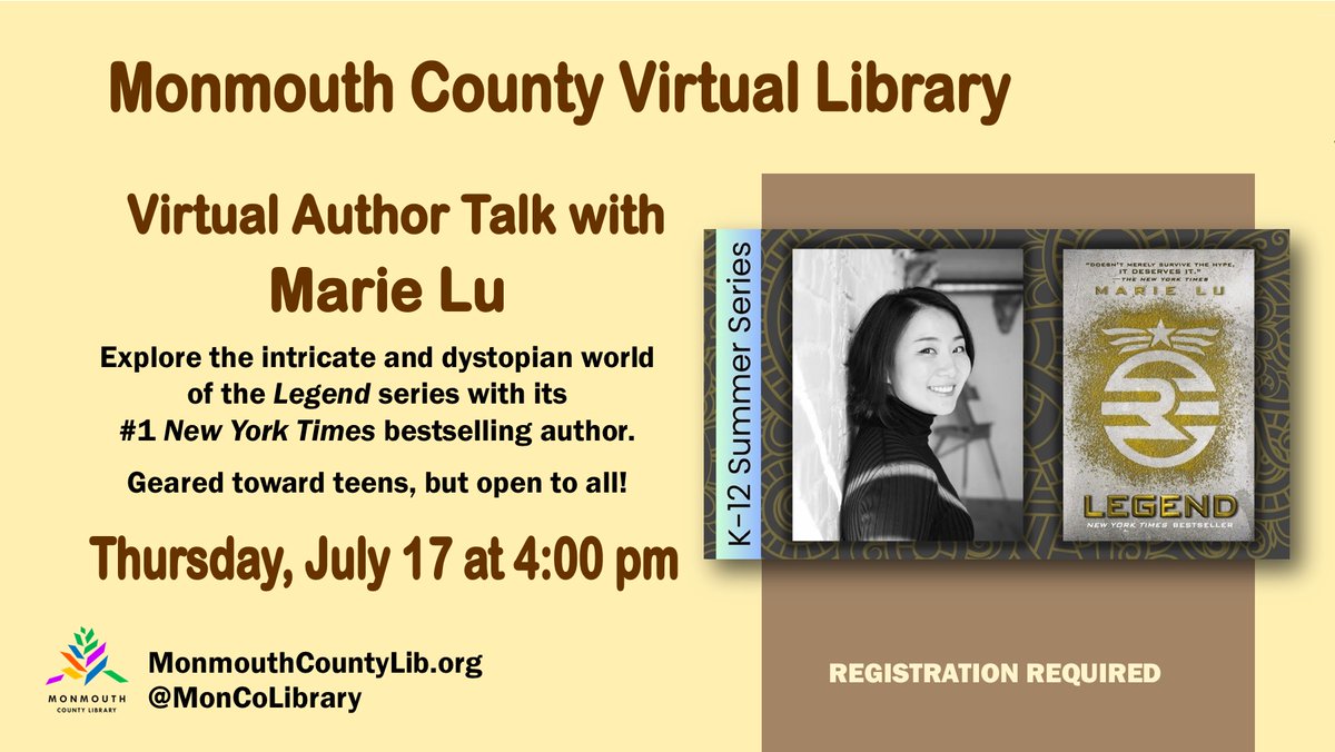 MonCoLibrary's tweet image. Join us virtually on Thursday, July 17 at 4 p.m. to explore the intricate and dystopian world of the Legend series with Marie Lu.

#monmouthcountylibrary #moncolibrary #virtuallearning #borrowbeforeyoubuy #marielu #legendseries #authortalk