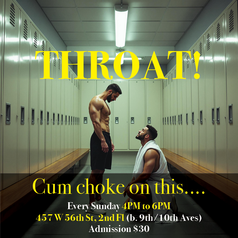 SkullFckClinic's tweet photo. Join us Sunday, June 29th, 4pm to 6pm, for THROAT NYC, a new weekly extreme oral party! 457 W 56th St, 2nd Fl (b. 9th/10th Aves) #gaynyc #gaysexparty #nycgayparty #NYC #hellskitchen #gagthefag #forcedoral #deepthroat Presented in collaboration with @Headeroevents! 21+ https://t.co/pq5NgY1LQ9