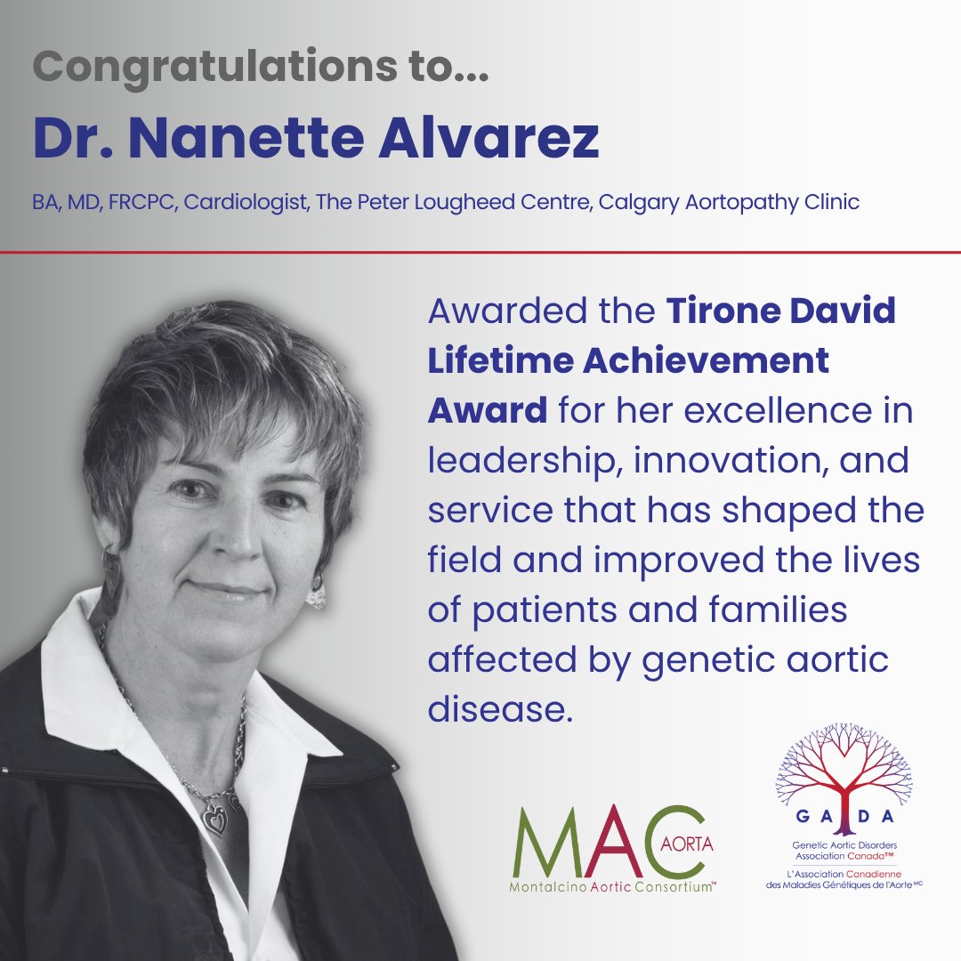 GADACanada (@aorticdisorders) on Twitter photo Congratulations to Dr. Alvarez, Cardiologist, a pioneer in the field of aortic care, who was awarded the Tirone David Lifetime Achievement award for her outstanding and sustained contributions to the care, science, and advocacy related to #HTAD and #cardiovasculardisorders! Congratulations to Dr. Alvarez, Cardiologist, a pioneer in the field of aortic care, who was awarded the Tirone David Lifetime Achievement award for her outstanding and sustained contributions to the care, science, and advocacy related to #HTAD and #cardiovasculardisorders!