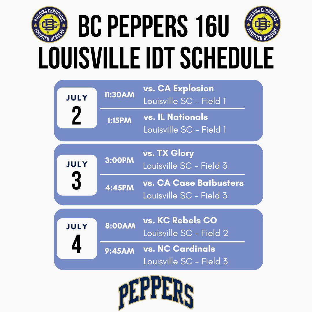 Olivia Koch (@olivia_koch_09) on Twitter photo Ready to get back at it with my BC Peppers next week at the IDT Tourney in CO 🌶️💙
<a href="/BC_Splitt/">BC Peppers-Wallace 16U</a> <a href="/JWall1820/">Jeff Wallace - GM - BC Peppers</a> <a href="/BluejaySoftball/">Creighton Softball</a> <a href="/DukeSOFTBALL/">Duke Softball</a> <a href="/TexasSoftball/">Texas Softball</a> <a href="/NDsoftball/">Notre Dame Softball</a> <a href="/UNC_BearsSB/">UNC Bears Softball</a> <a href="/Gorilla_SFB/">Pitt State Softball 🥎</a> <a href="/PennStateSB/">Penn State Softball</a> <a href="/MoStateSoftball/">Missouri State Softball</a> <a href="/IchabodSB/">Washburn Softball</a> Ready to get back at it with my BC Peppers next week at the IDT Tourney in CO 🌶️💙
<a href="/BC_Splitt/">BC Peppers-Wallace 16U</a> <a href="/JWall1820/">Jeff Wallace - GM - BC Peppers</a> <a href="/BluejaySoftball/">Creighton Softball</a> <a href="/DukeSOFTBALL/">Duke Softball</a> <a href="/TexasSoftball/">Texas Softball</a> <a href="/NDsoftball/">Notre Dame Softball</a> <a href="/UNC_BearsSB/">UNC Bears Softball</a> <a href="/Gorilla_SFB/">Pitt State Softball 🥎</a> <a href="/PennStateSB/">Penn State Softball</a> <a href="/MoStateSoftball/">Missouri State Softball</a> <a href="/IchabodSB/">Washburn Softball</a>