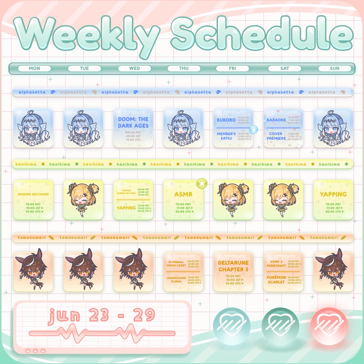 VirtualDere's tweet image. ใ๐Weekly Schedule June 23 โ 29๐ใ
It's going to be an electrifying week!
๐๐ถ๐ฟ๐ถ, ๐๐ฎ๐ป๐ถ and ๐ฆ๐ฝ๐ถ๐ฐ๐ฎ have teamed up to form the cutest subunit! Get ready for a fun collab and their group cover of ๐๐ฅ๐๐๐ญ๐ซ๐ข๐ ๐๐ง๐ ๐๐ฅ, releasing this week!
Plus, don't missโฆ