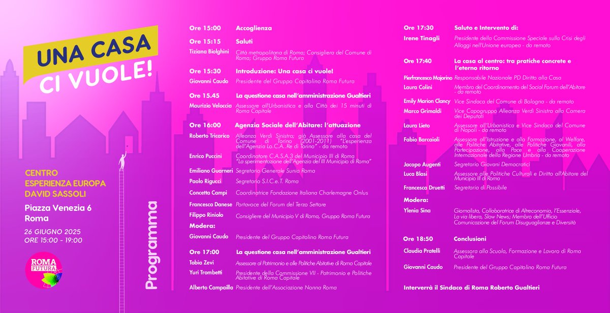 Domani interverremo al convegno Una casa ci vuole: un momento di confronto e proposta promosso da <a href="/Roma_Futura/">Roma Futura</a> per riflettere sui passi futuri da compiere per il diritto all'#abitare in città  con l'amministrazione capitolina, istituzioni, enti del terzo settore e associazioni.