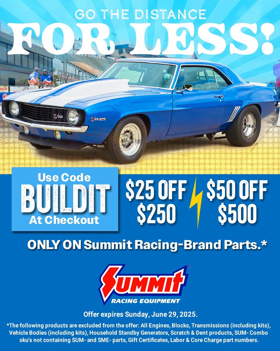 Go the Distance for Less with @summitracing!

Use Code: BUILDIT and save $25 off $250, $50 off $500 on Summit Racing-Brand Parts.

Offer ends Sunday, June 29 at 11:59pm.

Shop here ➡️: summitracing.com/redirect?banne…

#WKA #WorldKarting #SummitRacing