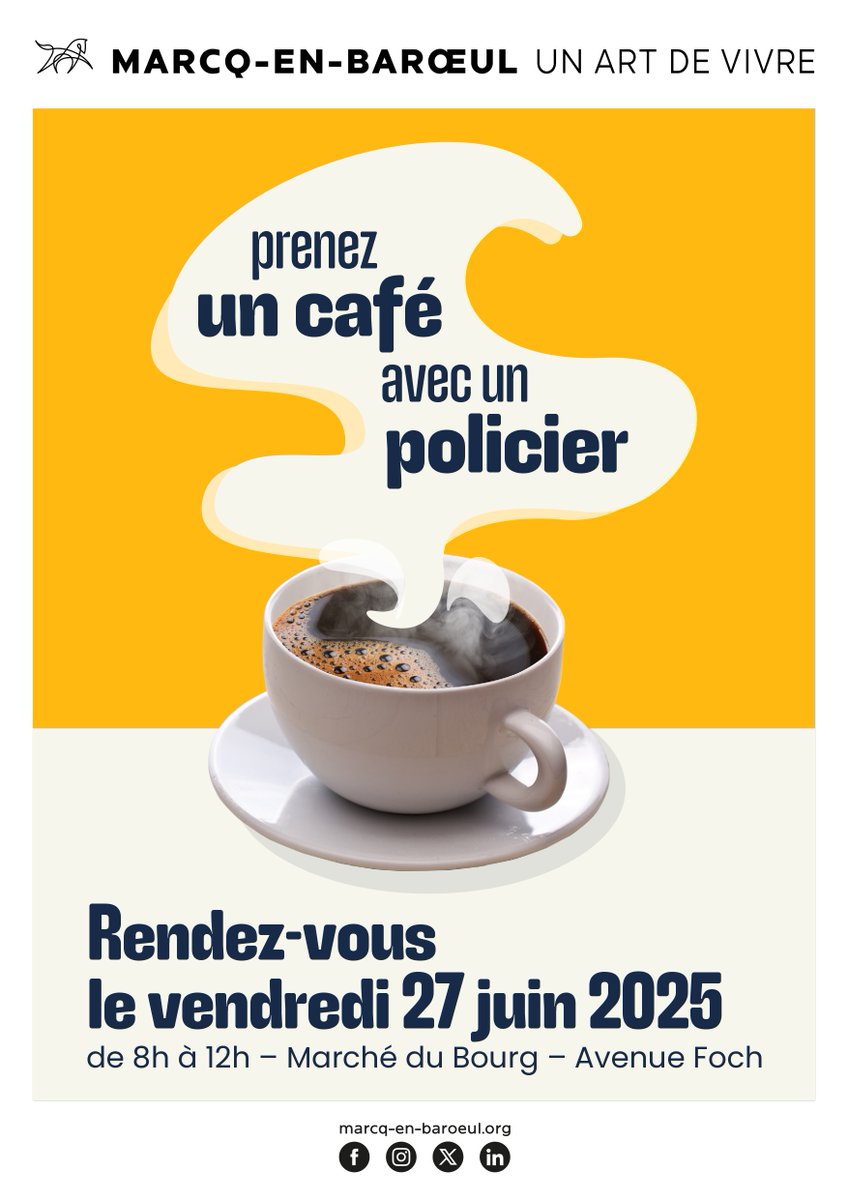 ☕👮‍♂️ Un café avec un policier
Ce vendredi 27 juin, de 8h à 12h, venez échanger en toute simplicité avec la police municipale au Marché du Bourg (av. Foch).
Une rencontre conviviale autour d’un café !
marcq-en-baroeul.org/mon-quotidien/…
