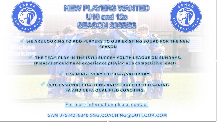 esher_fc's tweet photo. U10 &amp; U12 players wanted #Pitchero
https://t.co/UUfQlvIn50 https://t.co/Uln2yQAAZl
