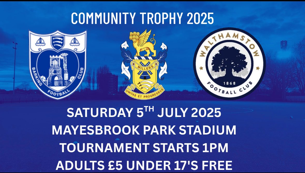 Barking FC (@barkingfc) on Twitter photo COMMUNITY TROPHY 2025|
Our pre season kicks off next Saturday with the Community Trophy as we host <a href="/AveleyFC/">Aveley Football Club</a> and <a href="/walthamstowfc/">Walthamstow Football Club</a>
Come and support the Blues as we gear up towards the start of the <a href="/EssexSenior/">Essex Senior League</a> league campaign next month!
All information can be found below ๐ COMMUNITY TROPHY 2025|
Our pre season kicks off next Saturday with the Community Trophy as we host <a href="/AveleyFC/">Aveley Football Club</a> and <a href="/walthamstowfc/">Walthamstow Football Club</a>
Come and support the Blues as we gear up towards the start of the <a href="/EssexSenior/">Essex Senior League</a> league campaign next month!
All information can be found below ๐