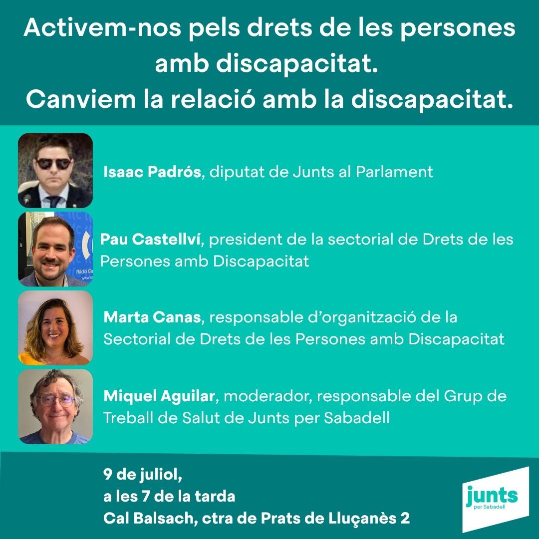 🔔 Des de Junts per Sabadell us convidem a l’acte:
"Activem-nos pels drets de les persones amb discapacitat"
📅 Dimecres 9 de juliol
🕖 19 h
📍 Cal Balsach (Sabadell)
#Discapacitat #Drets 
#Sabadell