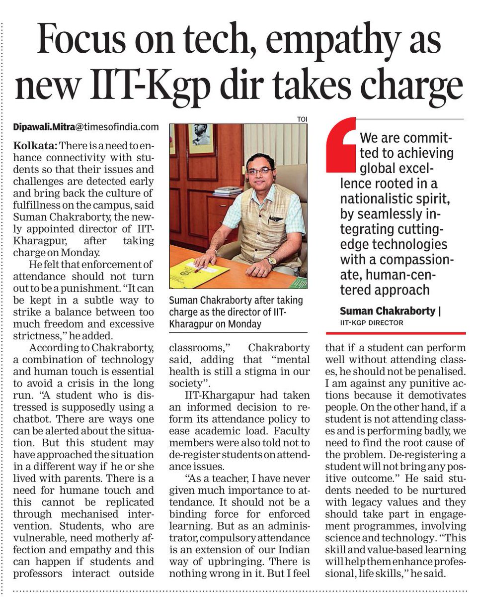 IIT Kharagpur🇮🇳 (@iitkgp) on Twitter photo "There is need to enhance connectivity with students so their issues & challenges are detected early,bringing back culture of fulfillness on campus," Prof. Suman Chakraborty,newly appointed Director <a href="/IITKgp/">IIT Kharagpur🇮🇳</a>
Read
kgpchronicle.iitkgp.ac.in/prof-suman-cha…
<a href="/dpradhanbjp/">Dharmendra Pradhan</a> <a href="/EduMinOfIndia/">Ministry of Education</a> <a href="/DrSukantaBJP/">Dr. Sukanta Majumdar</a> "There is need to enhance connectivity with students so their issues & challenges are detected early,bringing back culture of fulfillness on campus," Prof. Suman Chakraborty,newly appointed Director <a href="/IITKgp/">IIT Kharagpur🇮🇳</a>
Read
kgpchronicle.iitkgp.ac.in/prof-suman-cha…
<a href="/dpradhanbjp/">Dharmendra Pradhan</a> <a href="/EduMinOfIndia/">Ministry of Education</a> <a href="/DrSukantaBJP/">Dr. Sukanta Majumdar</a>