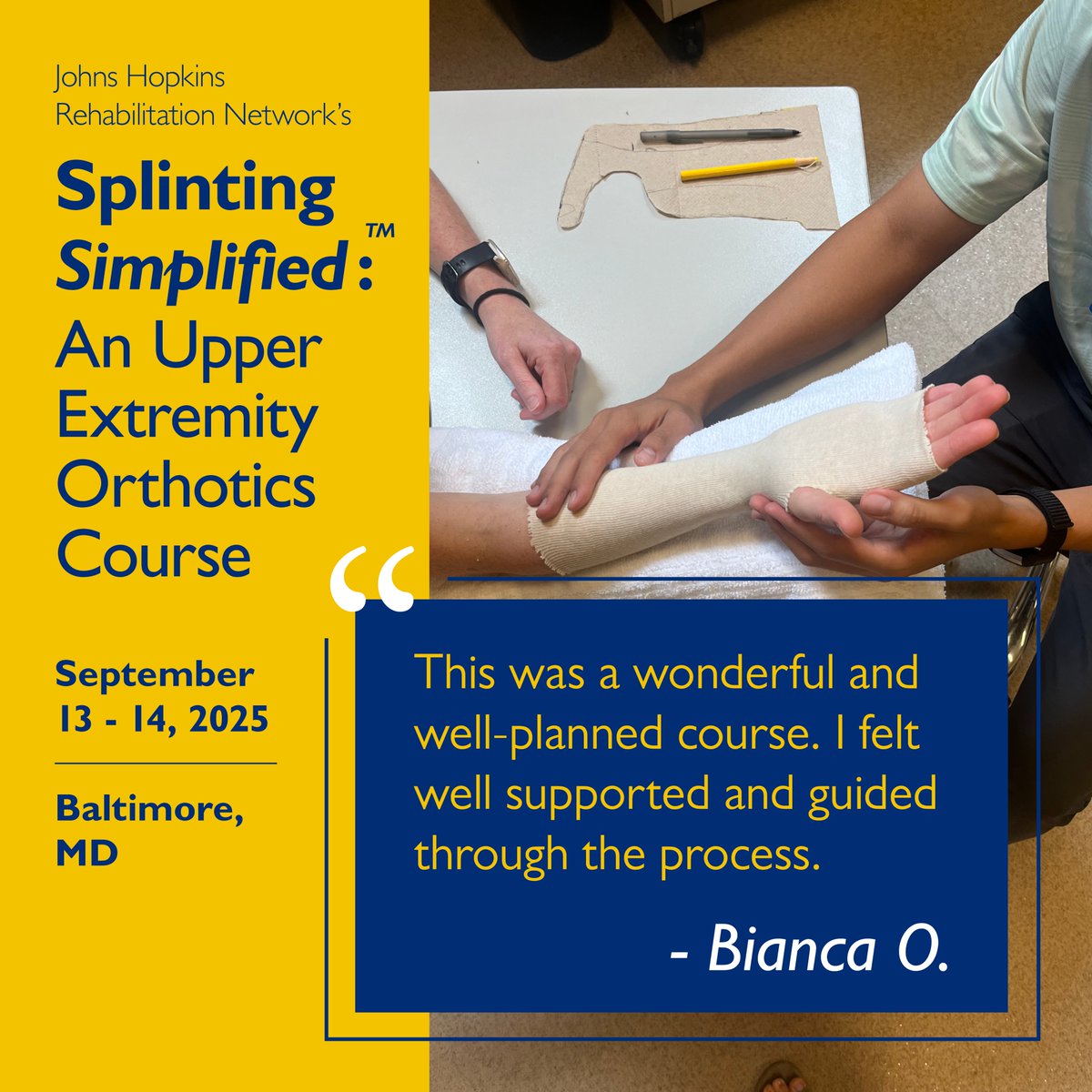 Johns Hopkins PM&R (@rehabhopkins) on Twitter photo Looking to up your splinting skills? We've got the course for you - Splinting Simplified: An Upper Extremity Orthotics Course!
Join us in person for the 2-day hands-on course. Register by July 4 for early bird pricing ($100 savings!)
hopkinsmedicine.org/physical-medic…
#OT #PT #orthotics Looking to up your splinting skills? We've got the course for you - Splinting Simplified: An Upper Extremity Orthotics Course!
Join us in person for the 2-day hands-on course. Register by July 4 for early bird pricing ($100 savings!)
hopkinsmedicine.org/physical-medic…
#OT #PT #orthotics