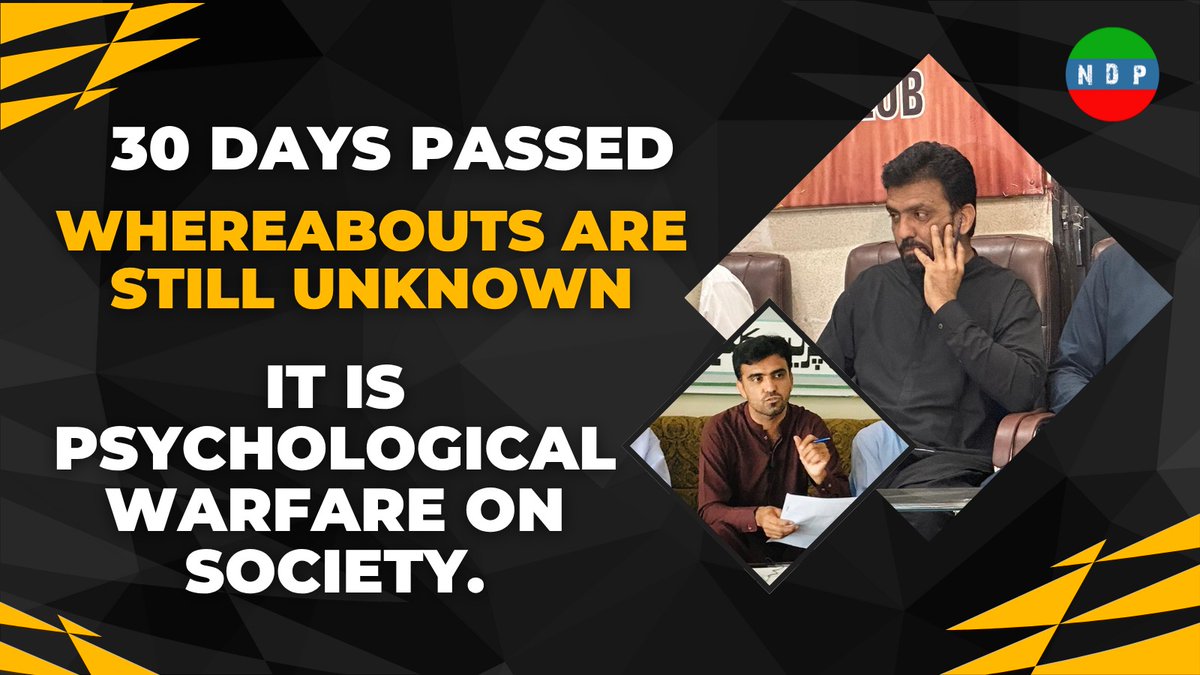 NationalDParty's tweet photo. 30 days passed

Whereabouts are still unknown.

It is psychological warfare on society. 

#ReleaseGhaniBaloch https://t.co/1N2iC4tLt4