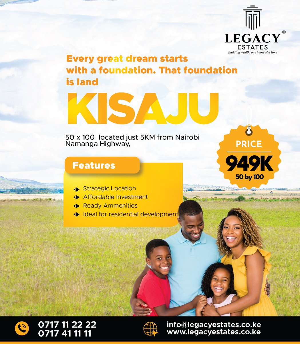 future_fortun's tweet image. Legacy begins here. Own your 50x100 plot in Kisaju, just 5KM from the Nairobi-Namanga Highway for only Ksh 949K

 Invest where growth meets opportunity. 
Call us now: 0717 11 22 22 | 0717 41 11 11
Or email us: info@legacyestates.co.ke

#legacyestates #ownlandtoday #titledeedready