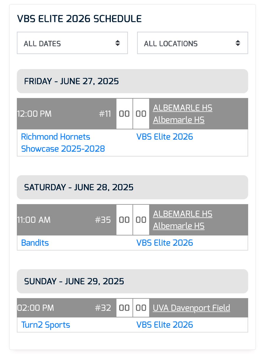Valley Baseball Scout (@valleybsblscout) on Twitter photo Pitching Rotation for VBS Elite 2026
UVA Showcase (Charlottesville, VA)
<a href="/vabaseballtourn/">VABaseballTourneys</a>
Fri 6/27 - Albemarle HS - 12:00 PM
SP: Jake Messick (2026)
RP: Jayden Barnard (2026)
Sat 6/28 - Albemarle HS - 11:00 AM
SP: Brady Knight (2026)
RP: Aiden Wagner (2026)
Sun 6/29 - UVA - Pitching Rotation for VBS Elite 2026
UVA Showcase (Charlottesville, VA)
<a href="/vabaseballtourn/">VABaseballTourneys</a>
Fri 6/27 - Albemarle HS - 12:00 PM
SP: Jake Messick (2026)
RP: Jayden Barnard (2026)
Sat 6/28 - Albemarle HS - 11:00 AM
SP: Brady Knight (2026)
RP: Aiden Wagner (2026)
Sun 6/29 - UVA -