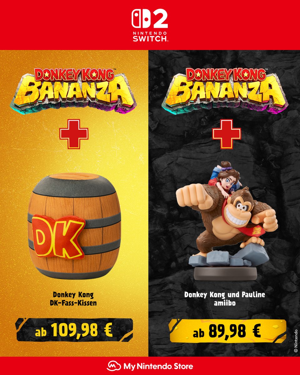 NintendoStoreDE's tweet image. Ihr könnt jetzt #DonkeyKongBananza im Bundle zusammen mit einem Donkey Kong DK-Fass-Kissen oder dem Donkey Kong und Pauline amiibo vorbestellen!
🛒: ntdo.com/6017A6tLS