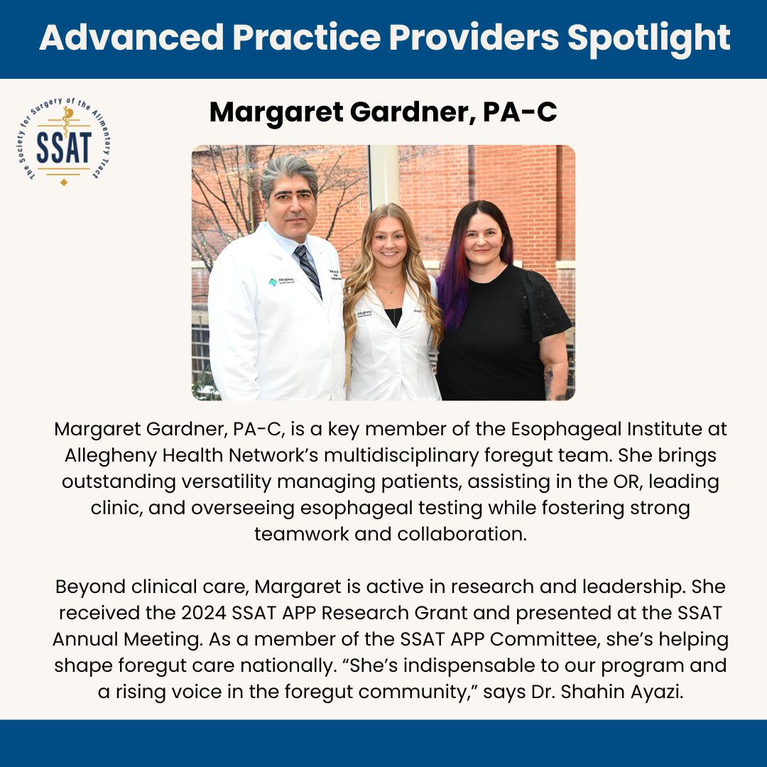 Advanced Practice Provider Spotlight: Meet Margaret Gardner, PA-C, a driving force in foregut care at Allegheny Health Network. From the OR to research leadership, she’s making an impact at every level. #APPSpotlight #ForegutCare #SSAT

<a href="/Sayazi/">Shahin Ayazi</a> <a href="/AHNtoday/">AHN</a>