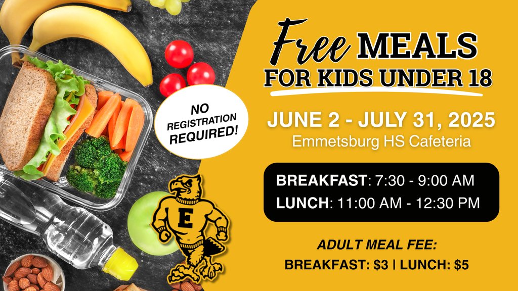 Enjoy FREE breakfast and lunch all summer at the high school cafeteria for everyone under 18! No sign-up needed—just show up and enjoy! 🍎

Breakfast is served from 7:30-9:00am and lunch is served 11:00am-12:30pm.

See you there!