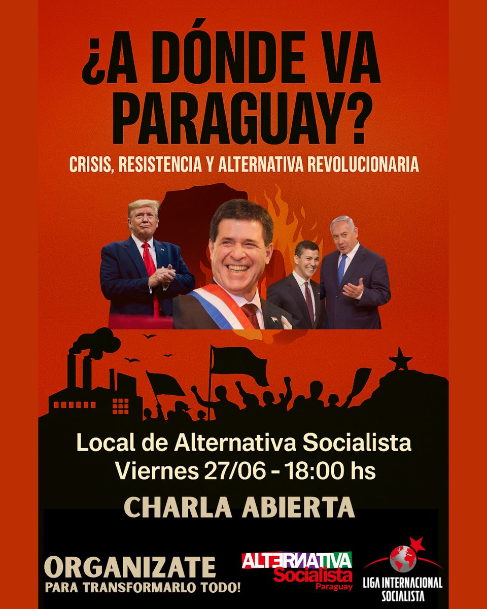 AlternativaSoPy's tweet photo. Charla Abierta: ¿A DÓNDE VA PARAGUAY?
Crisis, resistencia y alternativa revolucionaria 

Mientras los ricos gobiernan para sí mismos, el pueblo sufre: miseria, despidos, represión y abandono.
¿Que hacemos?

📍Local de Alternativa Socialista
📅 Viernes 27/06
🕕 18:00 hs https://t.co/N0psc62Z7J