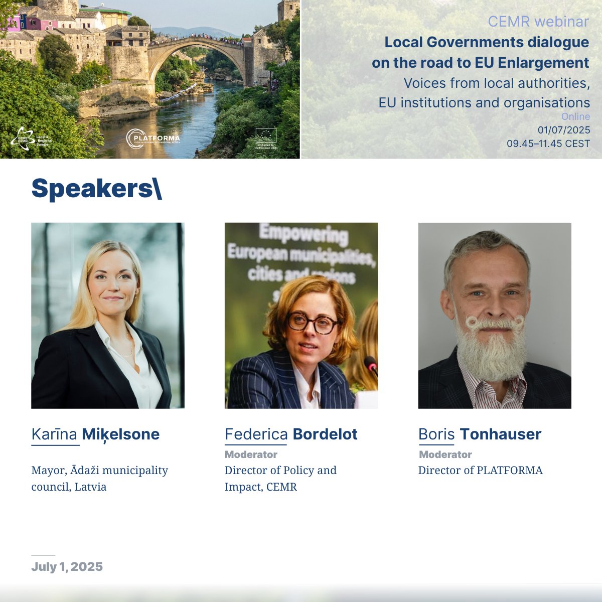 ‼️ Still time to register!

🌍 Webinar: Local Governments Dialogue on the Road to EU Enlargement

🗓 1 July 2025 | 🕙 09:45–11:45 CEST | 💻 Online

🔗 Register: lnkd.in/dPezJ6vC

🔗 Agenda: ccre-cemr.org/wp-content/upl…

#EUEnlargement #LocalGov #EaPLocal #EUIntegration