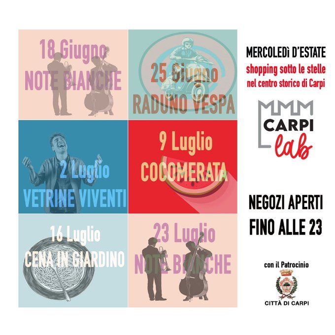#PMTerredargine #PLTerredargine #PLInforma 
Continuano le iniziative dei mercoledì d'estate : serata  imperdibile,  eventi per tutti i gusti e shopping sotto le stelle! Musica, spettacoli, buon cibo e divertimento, nel centro storico di #Carpi