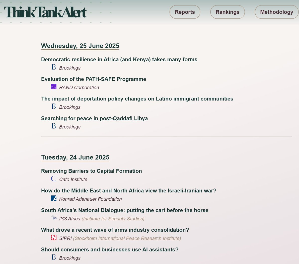 Hello world. 

Follow us for the latest report issued by dozens of think tanks across the world.