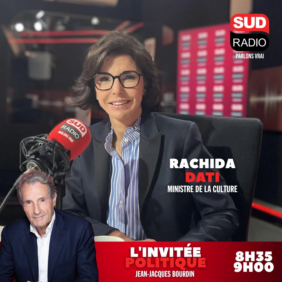[#SudRadio]🎙️Ministre de la Culture, <a href="/datirachida/">Rachida Dati ن</a> sera demain l'invitée politique, de 8h35 à 9h, au micro de <a href="/JJBourdin_off/">Jean-Jacques Bourdin</a> 

☎️0826 300 300
💻sudradio.fr
📻#ParlonsVrai