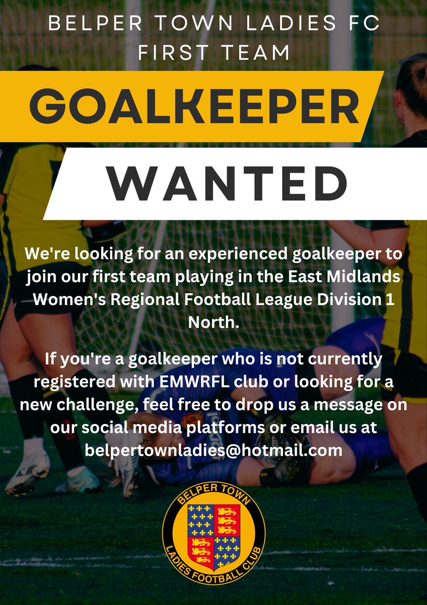 πππ₯π©ππ« ππ¨π°π§ ππππ’ππ¬ (@belpertownlfc) on Twitter photo ππππππππππ ππππππ - π
ππππ ππππ
We're looking for an experienced goalkeeper to join our first team playing in the EMWRFL Division 1 North.
Alternatively, feel free to drop us a message on our social media platforms or email us: belpertownladies@hotmail.com ππππππππππ ππππππ - π
ππππ ππππ
We're looking for an experienced goalkeeper to join our first team playing in the EMWRFL Division 1 North.
Alternatively, feel free to drop us a message on our social media platforms or email us: belpertownladies@hotmail.com