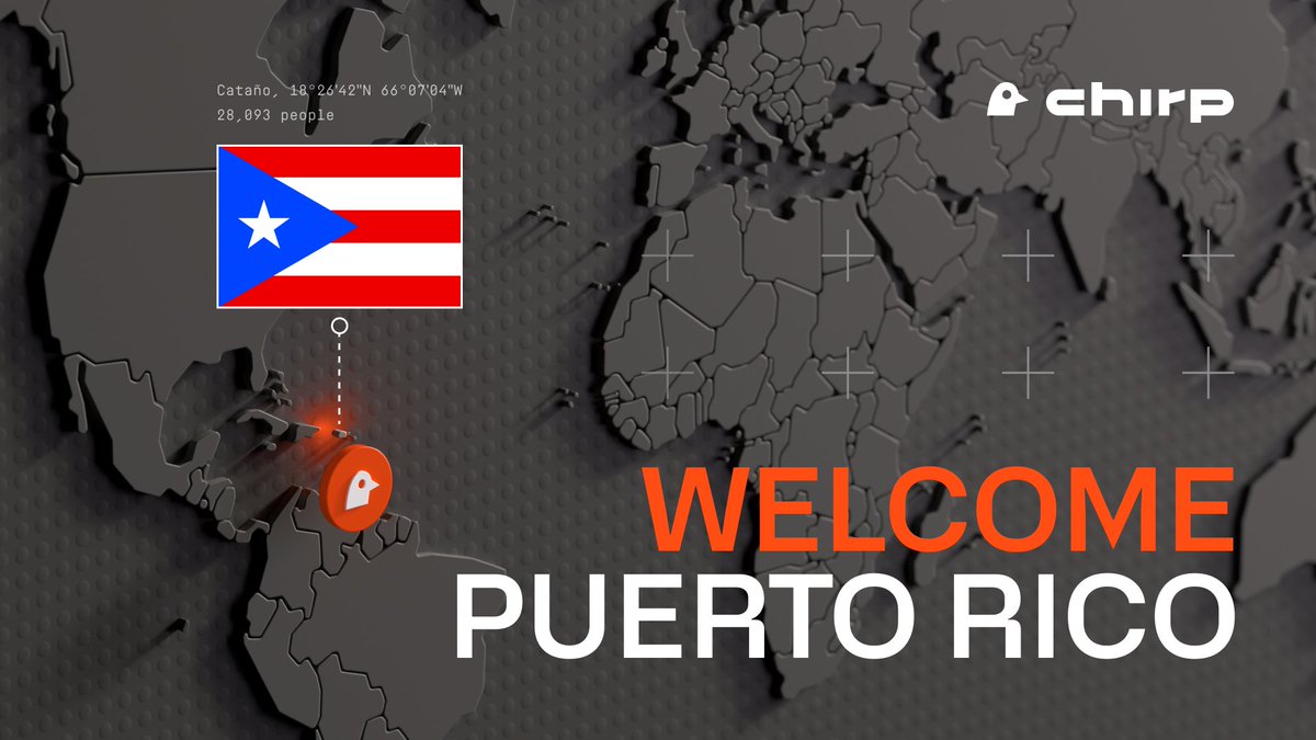 ¡Bienvenido, Puerto Rico!
#Blackbird has landed in the town of Cataño, mining $CHIRP tokens and delivering IoT connectivity to power smart infrastructure.
The Chirp #DePIN keeps growing - now in the Caribbean.