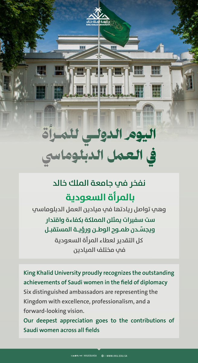 في #اليوم_الدولي_للمرأة_في_العمل_الدبلوماسي يتجسد الدور البارز للمرأة السعودية في هذا المجال.. 

#جامعة_الملك_خالد

On the #InternationalDayofWomeninDiplomacy, the remarkable role of Saudi women in this field is proudly reflected.

#SDG5