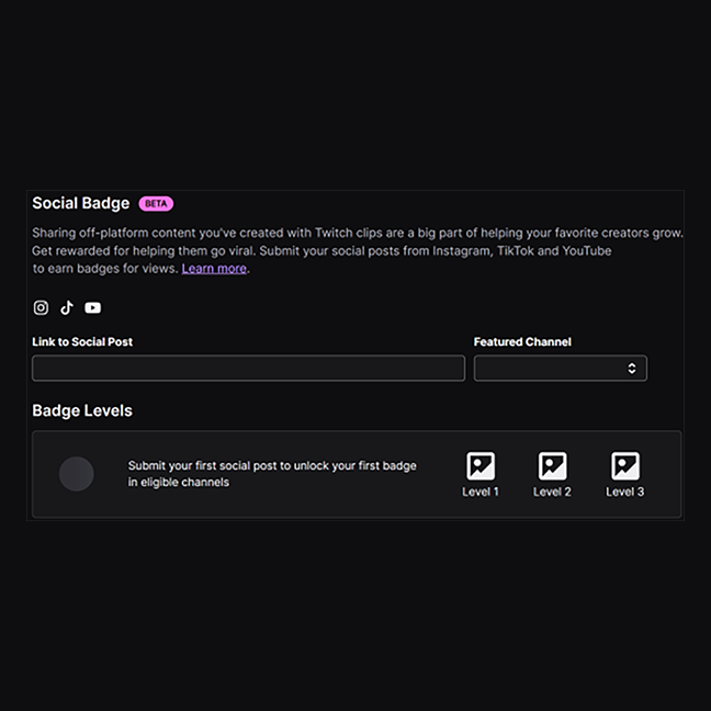 zachbussey's tweet image. Twitch may be launching the ability for viewers to earn badges by sharing creator content on their YouTube, TikTok, and Instagram.

Viewers post your content, then share the link in Twitch&apos;s &apos;Social Badge&apos; dashboard. As that content gets views, it unlocks badges for the user.