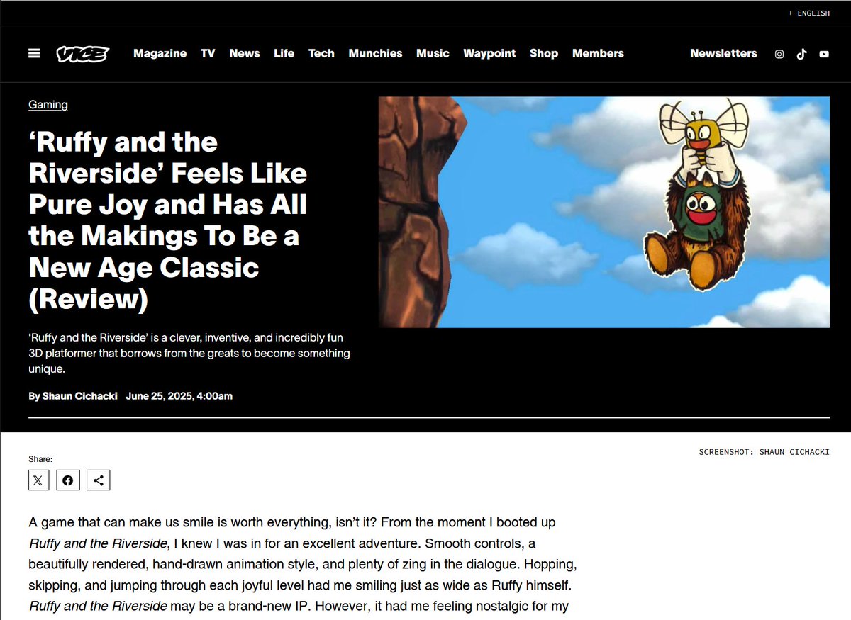 VICE REVIEW:

"Feels Like Pure Joy" 
 We really could not ask for more.
Thank you <a href="/VICE/">VICE</a> ❤️

#ruffyandtheriverside #indiegames #nintendoswitch #ps5 #xbox #Steam