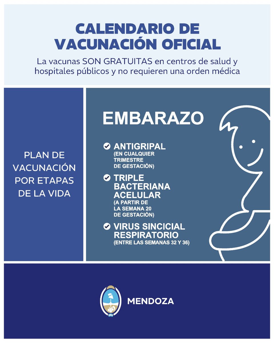MinSaludMza's tweet photo. 💉 Hay una vacuna para cada etapa de la vida 

Te compartimos el calendario oficial para que chequees si sos parte de algún grupo que deba ser vacunado.

ℹ️ En caso de dudas, acercate al centro de salud más cercano, vacunatorio de hospital público o al Vacunatorio Central para ser recibir asesoramiento.

Recordá que la vacunación para los grupos indicados es gratuita, obligatoria y sin turno. ✔️

¡Vacunate! 💉

#MendozaGobierno #SaludPública #Vacunación