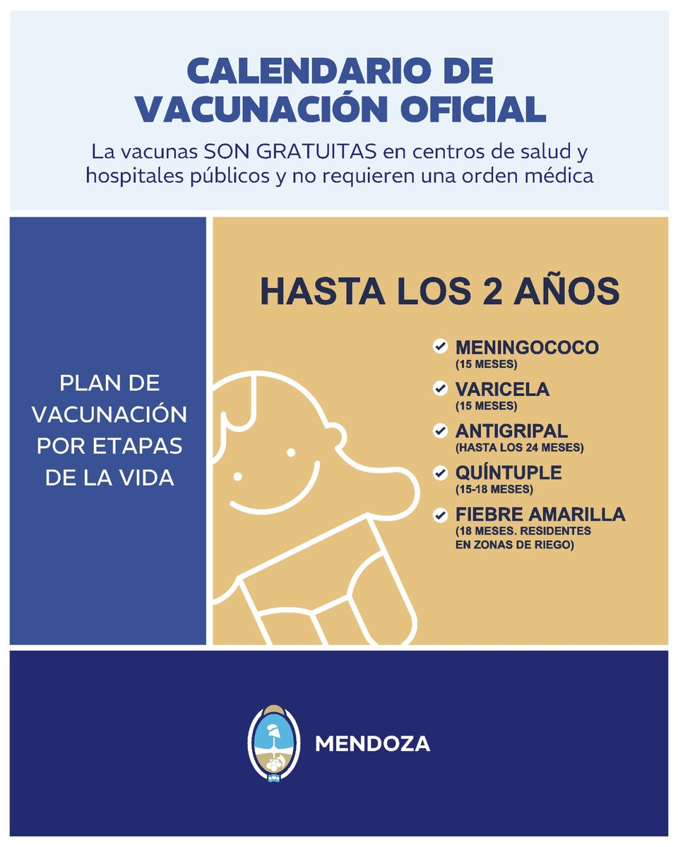 💉 Hay una vacuna para cada etapa de la vida 

Te compartimos el calendario oficial para que chequees si sos parte de algún grupo que deba ser vacunado.

ℹ️ En caso de dudas, acercate al centro de salud más cercano, vacunatorio de hospital público o al Vacunatorio Central para