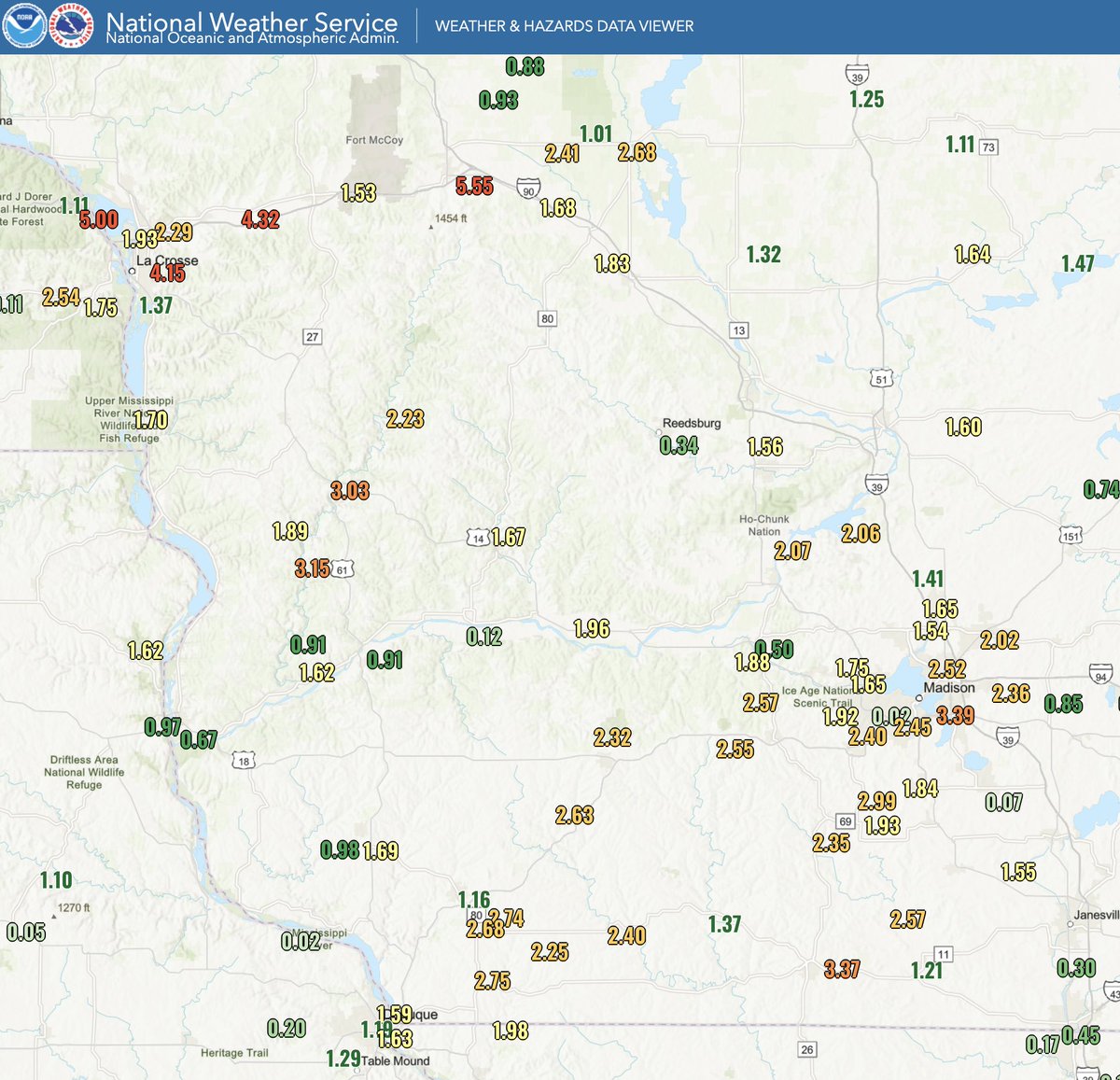 WI_ClimateSCO's tweet image. 48-hour (June 23-25) rain totals for southwest and southcentral Wisconsin with more to come today 👀 #wiwx