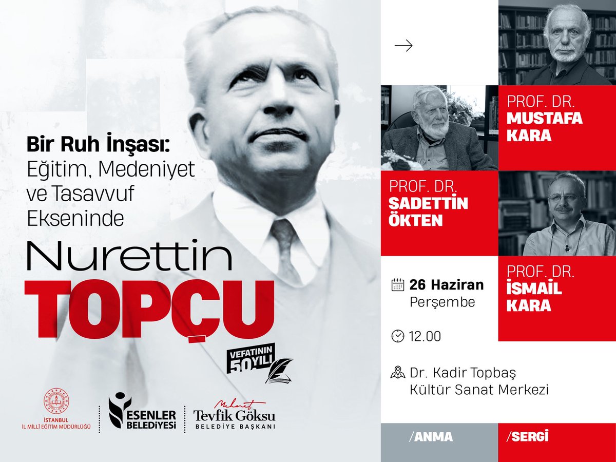 Eserleriyle fikir dünyamızı aydınlatan yazarımız Nurettin Topçu vefatının 50. yılında Prof. Dr. Sadettin Ökten, Prof. Dr. Mustafa Kara ve Prof. Dr. İsmail Kara’nın katkılarıyla “Bir Ruh İnşası: Eğitim, Medeniyet ve Tasavvuf Ekseninde” başlıklı programla anılıyor. 

📍Esenler