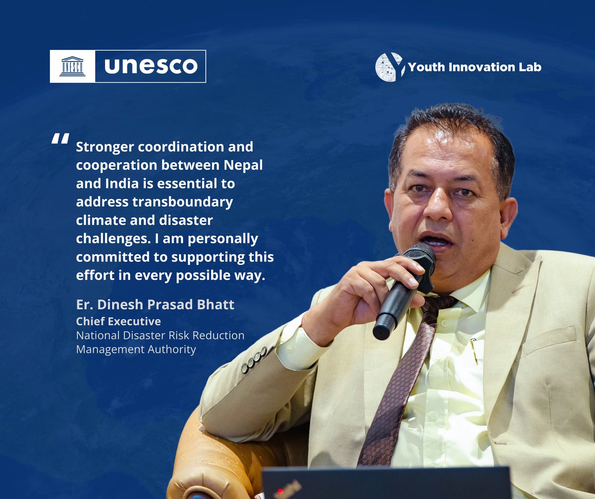 Youth Innovation Lab (@yilabnepal) on Twitter photo “Stronger 🇳🇵🇮🇳 coordination is essential to address transboundary climate & disaster challenges.”
— Dinesh Prasad Bhatt, Chief Exec, NDRRMA
Speaking at the opening of our regional workshop on Transboundary Climate Change and DRR Reporting.
<a href="/UNESCO/">UNESCO 🏛️ #Education #Sciences #Culture 🇺🇳</a> <a href="/UNESCOKathmandu/">UNESCO Kathmandu</a> <a href="/unescoindia/">UNESCO South Asia 🏛 #Education #Sciences #Culture</a> “Stronger 🇳🇵🇮🇳 coordination is essential to address transboundary climate & disaster challenges.”
— Dinesh Prasad Bhatt, Chief Exec, NDRRMA
Speaking at the opening of our regional workshop on Transboundary Climate Change and DRR Reporting.
<a href="/UNESCO/">UNESCO 🏛️ #Education #Sciences #Culture 🇺🇳</a> <a href="/UNESCOKathmandu/">UNESCO Kathmandu</a> <a href="/unescoindia/">UNESCO South Asia 🏛 #Education #Sciences #Culture</a>