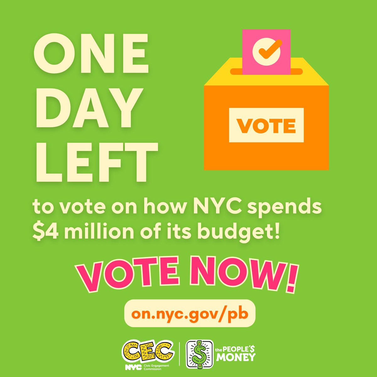 Today is the LAST DAY to vote in #ThePeoplesMoney! Tell every New Yorker you know to vote NOW at on.nyc.gov/pb, because everyone deserves to have a say in how millions of dollars of the city budget are spent! Let's finish strong, New York!