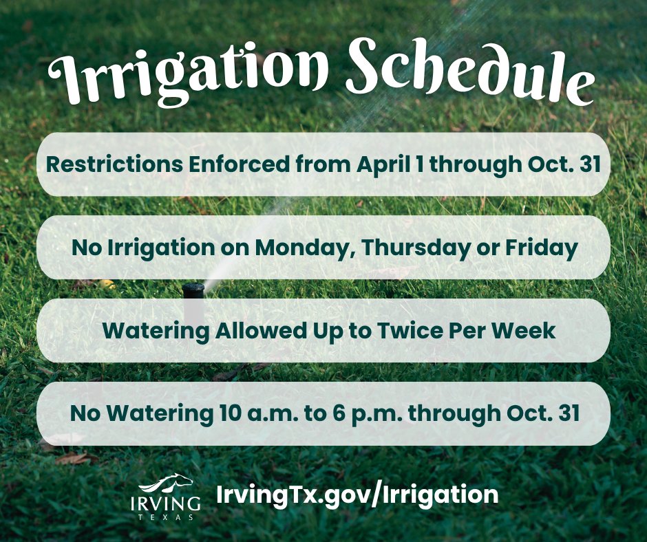 Help preserve Irving’s water supply! 🚰
 - No watering between 10 a.m. and 6 p.m. through Oct. 31.
- Watering allowed twice a week:
- Odd-numbered addresses: Weds/Sat
- Even-numbered addresses: Tues/Sun
- No irrigation on Mon, Thurs, or Fri. 🌱💧
irvingtx.gov/water-conserva…
