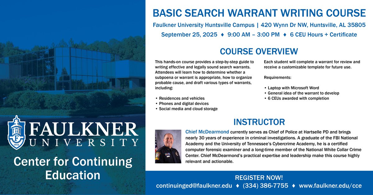 🚨 Now Enrolling: Basic Search Warrant Writing Course 🚨
Faulkner  Center for Continuing Education is offering a hands-on course for law enforcement professionals looking to sharpen their skills in writing effective search warrants.

Register here- faulkner.edu/academic-resou…