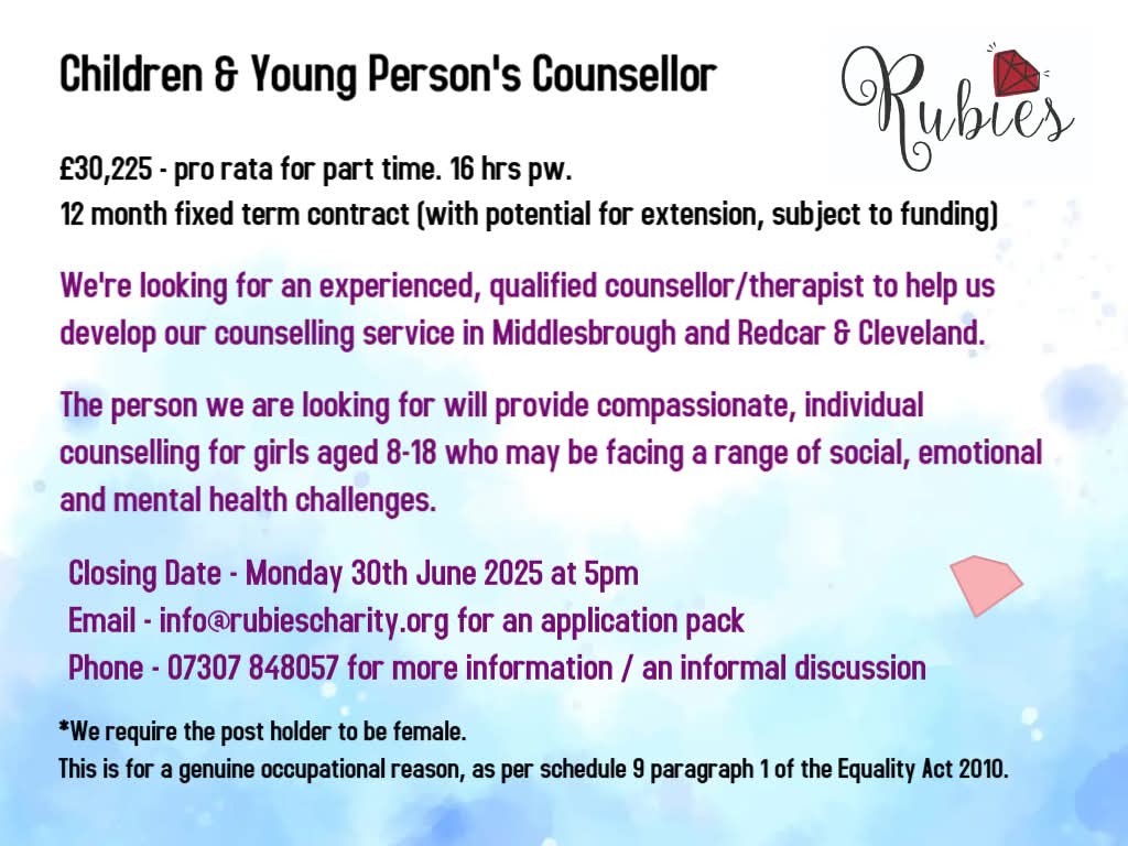 ⭐ PLEASE SHARE ⭐
We're looking to employ a qualified counsellor...
For more details please email info@rubiescharity.org / call 07307 848057
For more info about Rubies : rubiescharity.org
Closing date : Monday 30th June 2025 at 5pm