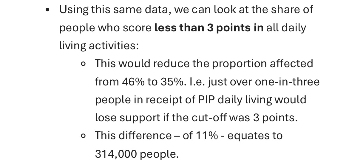 AnushkaAsthana's tweet image. One possible concession on welfare (that I’ve heard talked about) is to change the PIP rules so you need to score at least a 3 instead of a 4 to qualify. @resfoundation say that would hit 35% of people on PIP daily living compared to 46% now, 314,000 fewer people