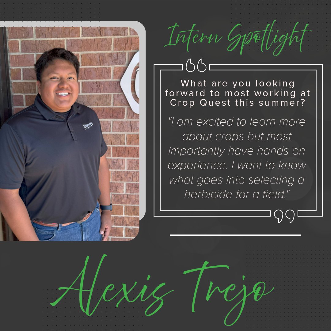 CropQuestInc's tweet image. 𝐈𝐧𝐭𝐞𝐫𝐧 𝐒𝐩𝐨𝐭𝐥𝐢𝐠𝐡𝐭! 📸✨
Meet Alexis Trego
📍 Montezuma Division
🏡 Sublette, KS
🎓 FHSU - Agronomy
Glad to have him on the team this summer!