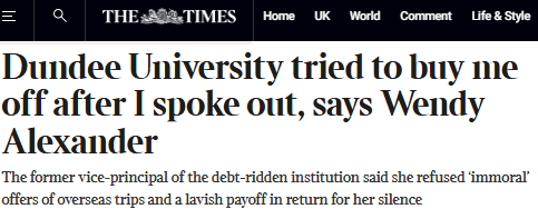 Anyone else remember former Scottish Labour leader Wendy Alexander blowing the whistle on the Dundee University scandal? We can't. She resigned her £199,000 role as Vice-Principal days after the scandal was revealed and was handed a Labour peerage weeks later.