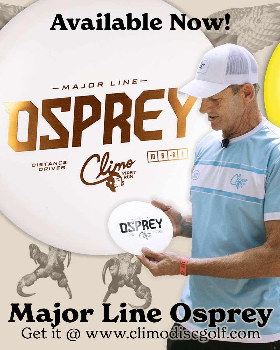 ClimoDiscGolf's tweet image. Available Now!
Take flight with the First Run Major Line Osprey! This 10 speed driver blends effortless glide with controllable understability, making it a go-to for smooth turnovers, hyzer-flips, and technical lines. Perfect for all skill levels, grab yours today at…