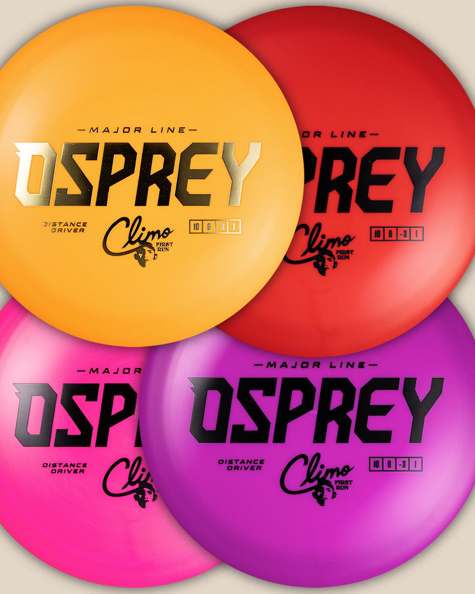 ClimoDiscGolf's tweet image. Available Now!
Take flight with the First Run Major Line Osprey! This 10 speed driver blends effortless glide with controllable understability, making it a go-to for smooth turnovers, hyzer-flips, and technical lines. Perfect for all skill levels, grab yours today at…