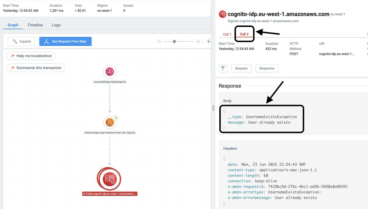 theburningmonk's tweet image. Saw a really weird behaviour from Cognito:

1. signup request is throttled
2. AWS SDK retries, but the user was created already and fails with &quot;User already exists&quot;

So the throttled request was carried out and created the user anyway...

Has anyone else seen this?
