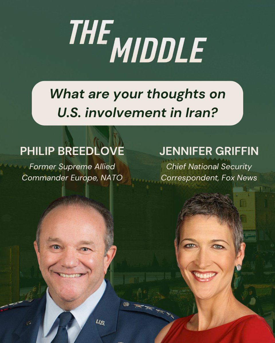 TheMiddle_Show's tweet image. This week, we're asking what your thoughts are on U.S. involvement in Iran.
We'll be joined by @foxnews and chief national security correspondent @JenGriffinFNC and former NATO commander Gen. @PMBreedlove
Listen live on Thursday at 8pm CT or catch the YouTube livestream.