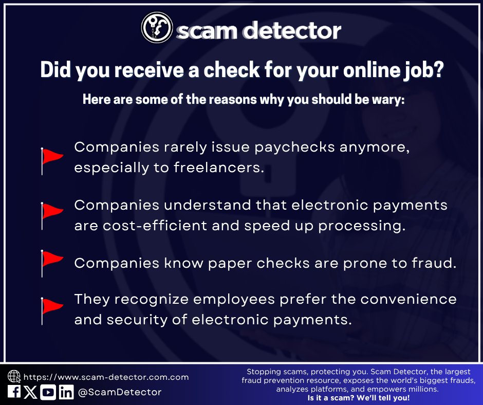 New Job Offer? Beware of Fake Salary Checks! ⚠️

Companies rarely use paper checks for payments, especially for freelancers. Learn why this is a major scam red flag and how to protect yourself from check fraud: scam-detector.com/article/check-…

 #FakeCheck #ScamAlert #CybersecurityTips